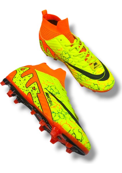 Unısex Çoraplı Halısaha & Çimsaha Krampon Sarı Turuncu Desenli