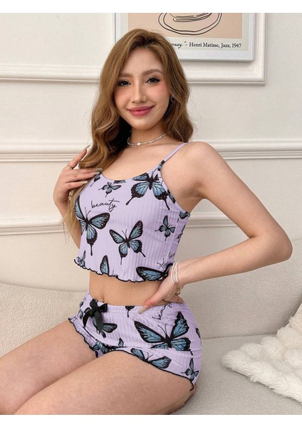 Mor Renk Kelebek Desenli Şortlu Ev Giyim Takımı,kadın Yazlık Askılı Pijama, Rahat ve Şık Ev Giyim indirimleri