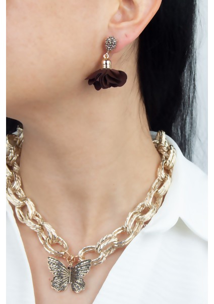 Bronz Kelebek Uçlu Kolye Küpe Set