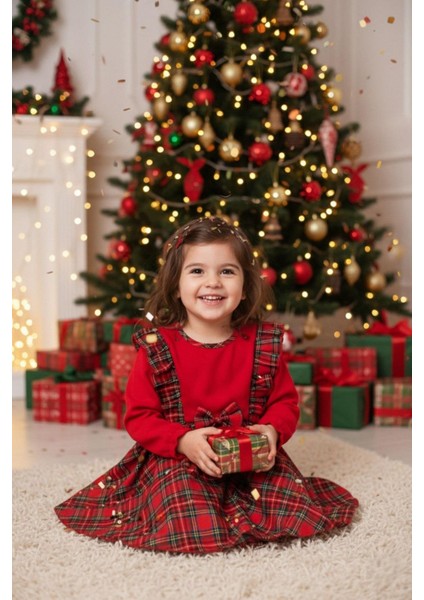 Mojo Kız Bebek 1-3 Yaş Ekose Desenli Kurdela Kemerli Elbise Kırmızı