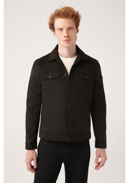 Erkek Siyah İçi Elyaf Kapitoneli Kapaklı Cepli Yakalı Suni Süet Mont A31Y6003