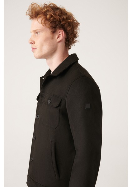 Erkek Siyah İçi Elyaf Kapitoneli Kapaklı Cepli Yakalı Suni Süet Mont A31Y6003