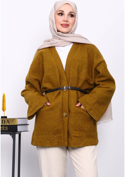 Yağ Yeşili Kemerli Oversize Buklet Ceket
