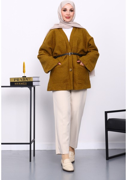 Yağ Yeşili Kemerli Oversize Buklet Ceket fiyatları
