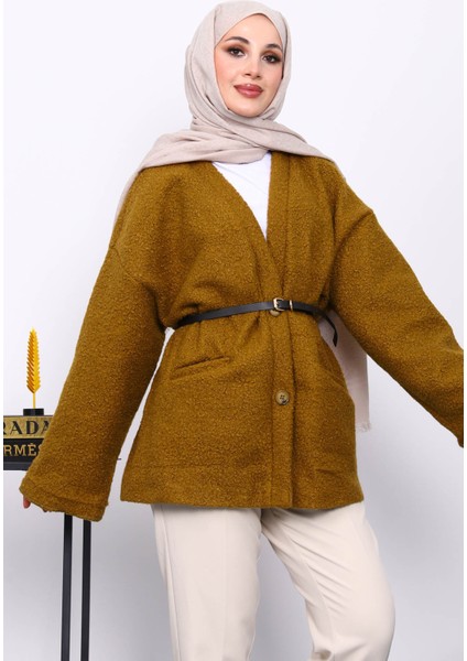 Yağ Yeşili Kemerli Oversize Buklet Ceket modelleri