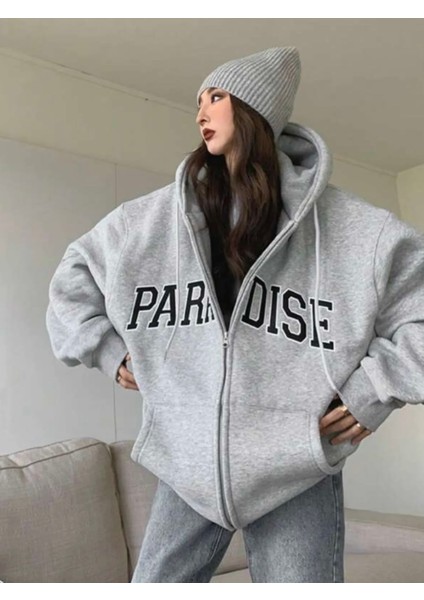 Punıx Büyük Beden Oversıze Rahat Kalıp Paradıse Baskılı Fermuarlı Kışlık Kadın Sweatshırt