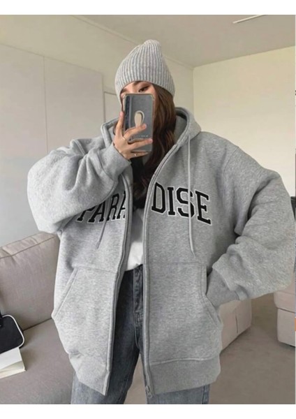 Punıx Büyük Beden Oversıze Rahat Kalıp Paradıse Baskılı Fermuarlı Kışlık Kadın Sweatshırt fiyatları