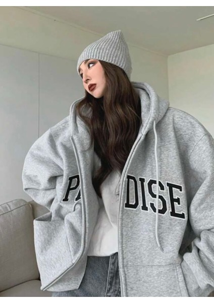 Punıx Büyük Beden Oversıze Rahat Kalıp Paradıse Baskılı Fermuarlı Kışlık Kadın Sweatshırt modelleri
