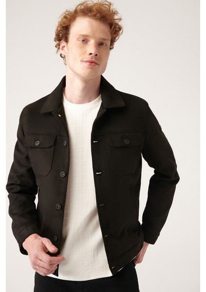 Erkek Siyah İçi Elyaf Kapitoneli Kapaklı Cepli Yakalı Suni Süet Mont A31Y6003