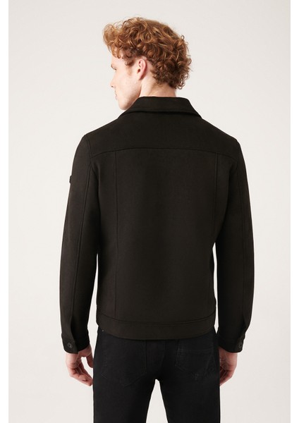 Erkek Siyah İçi Elyaf Kapitoneli Kapaklı Cepli Yakalı Suni Süet Mont A31Y6003