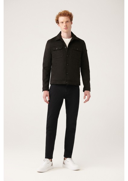 Erkek Siyah İçi Elyaf Kapitoneli Kapaklı Cepli Yakalı Suni Süet Mont A31Y6003