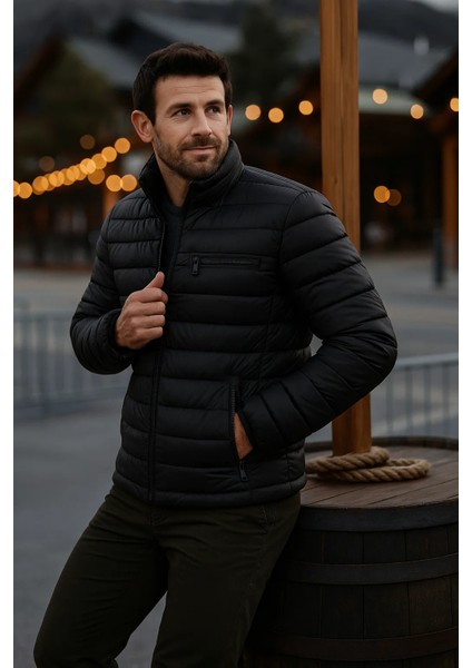 Erkek Trend Günlük Dik Yaka Kışlık Siyah Şişme Mont