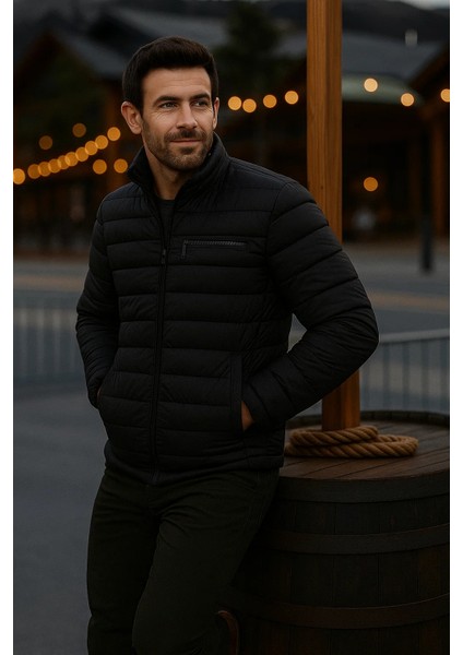 Erkek Trend Günlük Dik Yaka Kışlık Siyah Şişme Mont modelleri