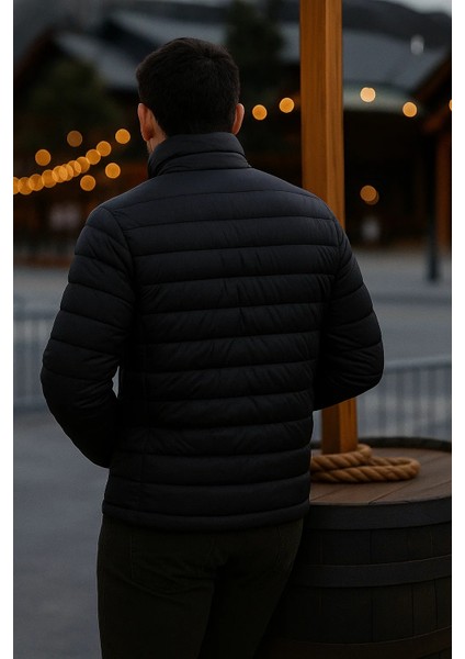 Erkek Trend Günlük Dik Yaka Kışlık Siyah Şişme Mont