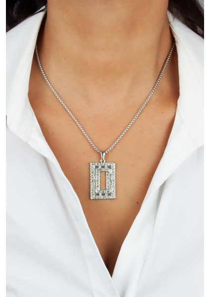 Zirkon Taşlı Dikdörtgen Uçlu Gümüş Renk Çelik Kolye fiyatları