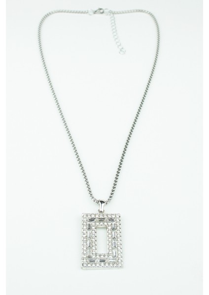 Zirkon Taşlı Dikdörtgen Uçlu Gümüş Renk Çelik Kolye modelleri