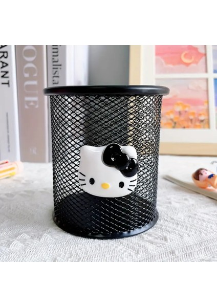 Hello Kitty Figürlü Masa Üstü Metal Yuvarlak Model Kalemlik Siyah HK1139
