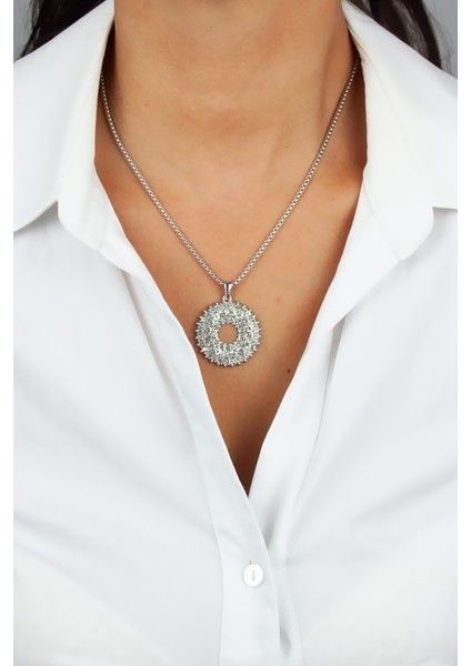 Zirkon Taşlı Büyük Yuvarlak Uçlu Gümüş Renk Çelik Kolye