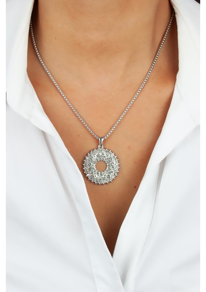 Zirkon Taşlı Büyük Yuvarlak Uçlu Gümüş Renk Çelik Kolye fiyatları