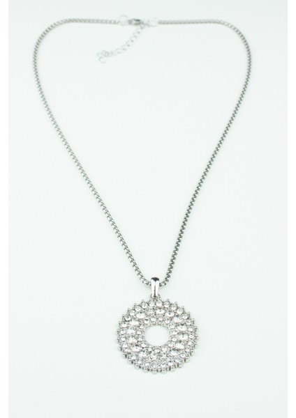 Zirkon Taşlı Büyük Yuvarlak Uçlu Gümüş Renk Çelik Kolye modelleri