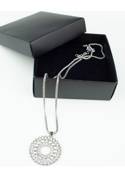 Zirkon Taşlı Büyük Yuvarlak Uçlu Gümüş Renk Çelik Kolye fırsatları