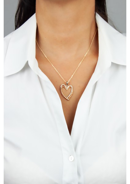 Zirkon Taşlı Kalp Uçlu Ince Zincir Gold Kolye
