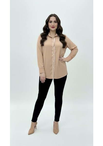 Kadın Büyük Beden Uzun Kollu Önde Ara Biye Detaylı Dökümlü Kumaş Gömlek 1991