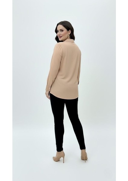 Kadın Büyük Beden Uzun Kollu Önde Ara Biye Detaylı Dökümlü Kumaş Gömlek 1991 fiyatları