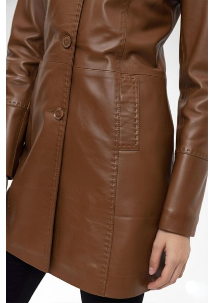 Taba Cara Kısa Düğmeli Dar Fit Kesim Astarlı Kısa Hakiki Kadın Deri Kaban indirimleri