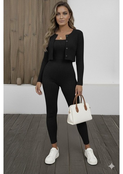 Kadın Uzun Kollu Şardonlu Kaşkorse Straplez ile Kısa Önden Düğmeli Ceket Ikili Takım