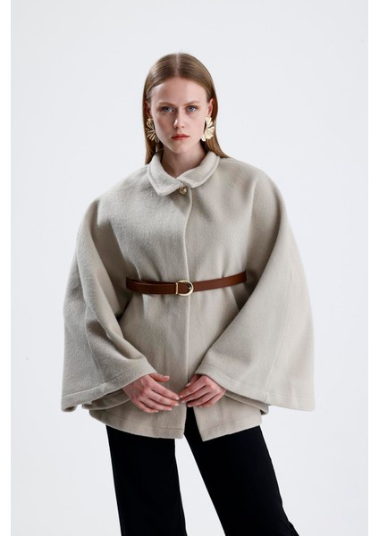 Deri Kemerli Kaşe Panço - Bej indirimleri