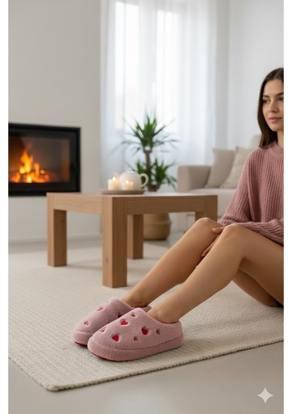 Kadın Peluş Tüylü Kalpli Rahat Ev Botu Pandufu Terlik