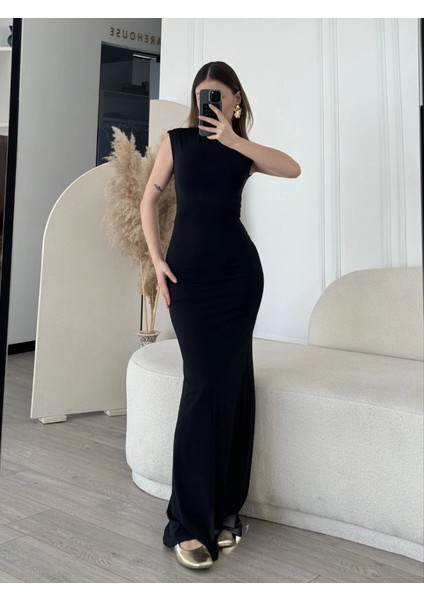 Kolsuz Uzun Likralı Elbise - Siyah fırsatları
