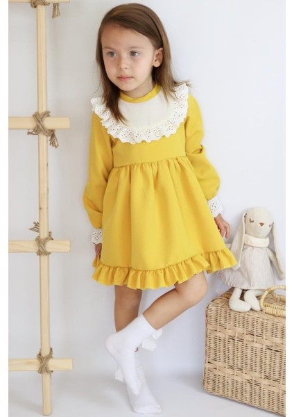 Kız Çocuk Ruby Hardal Uzun Kollu Dantel Detaylı Fırfırlı Elbise