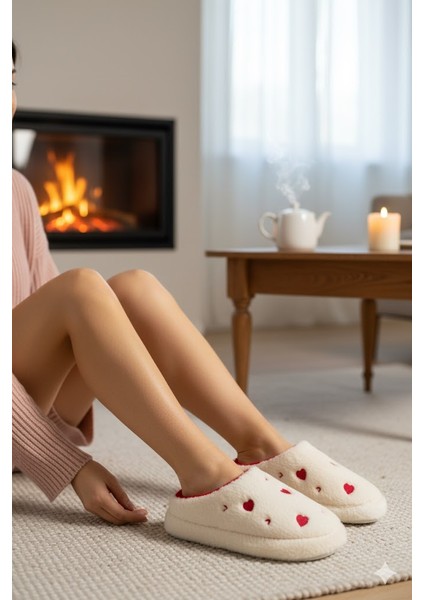 Kadın Peluş Tüylü Kalpli Rahat Ev Botu Pandufu Terlik