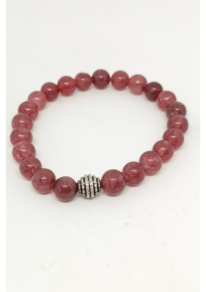 Gümüş Aksesuarlı Gül Kuvars Doğal Taşlı Bileklik