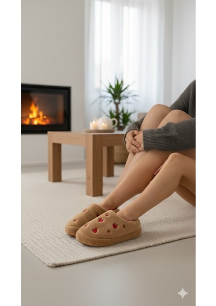 Kadın Peluş Tüylü Kalpli Rahat Ev Botu Pandufu Terlik