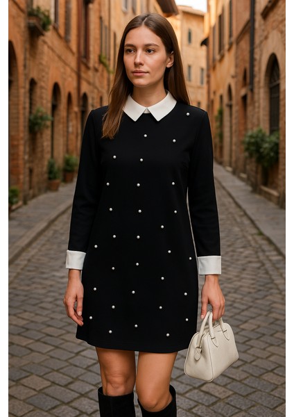 Kadın Uzun Kollu Yakalı Incili Ithal Krep Elbise