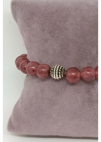 Gümüş Aksesuarlı Gül Kuvars Doğal Taşlı Bileklik modelleri