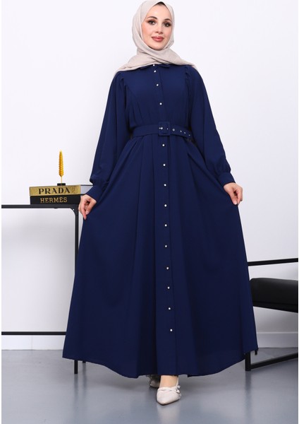 Lacivert Bel Kemerli Elbise