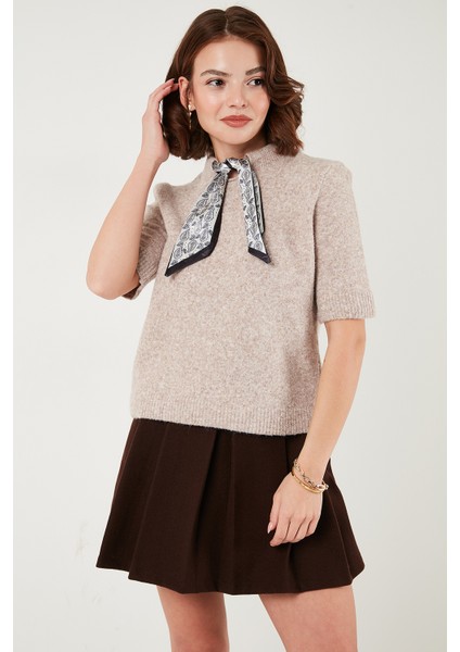 Yün Karışımlı Regular Fit Fularlı Yaka Kısa Kollu Triko Kazak Bayan Kazak 4617023