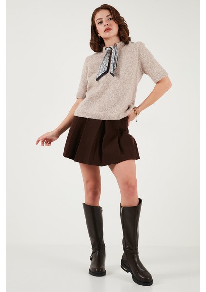 Yün Karışımlı Regular Fit Fularlı Yaka Kısa Kollu Triko Kazak Bayan Kazak 4617023 fiyatları