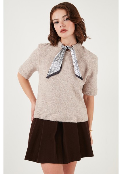 Yün Karışımlı Regular Fit Fularlı Yaka Kısa Kollu Triko Kazak Bayan Kazak 4617023 fırsatları