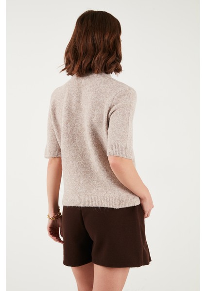 Yün Karışımlı Regular Fit Fularlı Yaka Kısa Kollu Triko Kazak Bayan Kazak 4617023