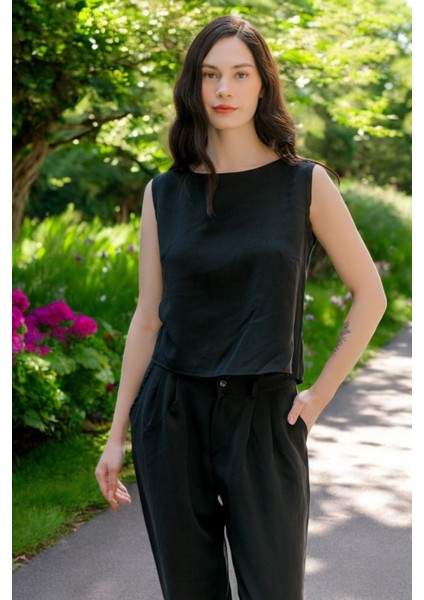 Keten Günlük Kolsuz Şık Rahat Alt Üst Kadın Takım