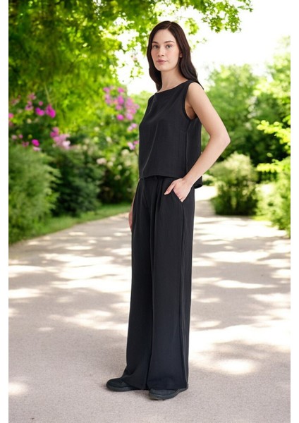 Keten Günlük Kolsuz Şık Rahat Alt Üst Kadın Takım