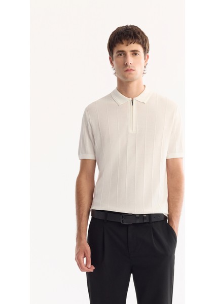 Erkek Ekru Polo Yaka Fermuarlı Rayon Tüylenmeyen Çizgili Triko Regular Fit T-Shirt A52Y5010