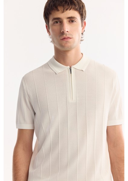 Erkek Ekru Polo Yaka Fermuarlı Rayon Tüylenmeyen Çizgili Triko Regular Fit T-Shirt A52Y5010