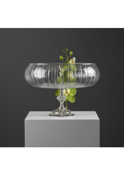 Lotus Kristal 24'cm Kesme Dekor Metal Ayaklı Salata Kasesi Cam Sunumluk -Servis Tabağı