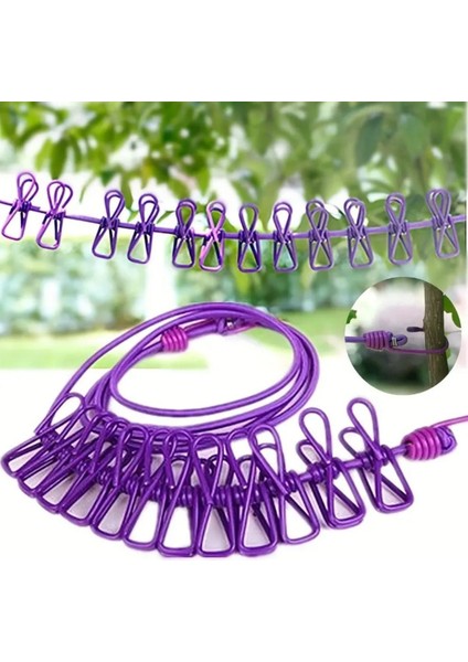 Taşınabilir Seyahat Çamaşır Ipi 12 Mandallı Klipsli Lastikli Çamaşır Mandalları (5361)